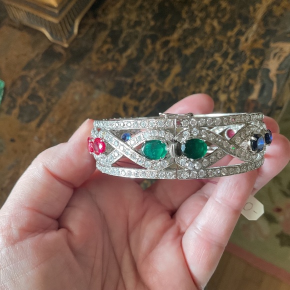 NWT Sterling Silver 925 Genuine Ruby/Emerald/Sapphire White Crystal wide bracele - Picture 3 of 15